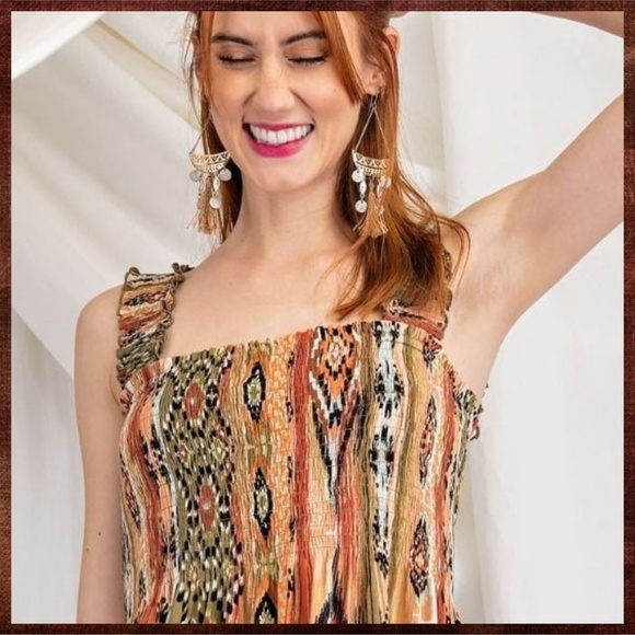 EASEL Smocked Fitted Stretchy Sleeveless Bodice W/Pleated Peplum Aztec Print Top - Picture 13 of 16